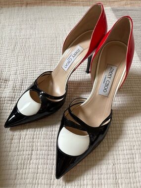 Rare Jimmy Choo Black, White & Red Patent Leather Pointed-Toe D'Orsay Pumps